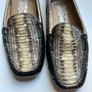 SALVATORE FERRAGAMO Brown Patent and Green Snake Loafers